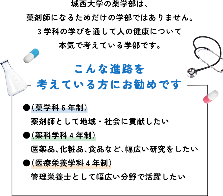 城西大学の薬学部は、薬剤師になるためだけの学部ではありません。3学科の学びを通して人の健康について本気で考えている学部です。